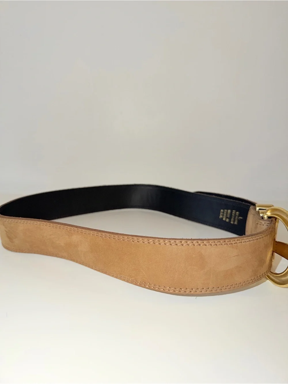 Vtg Express Tan Genuine Leather Suede Waist Belt With Hammered Gold Buckle, Sz L